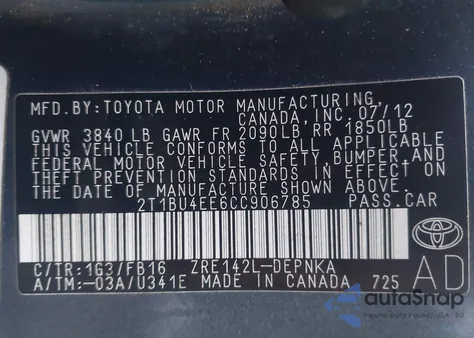 2012 Toyota Corolla Le from USA, damaged, VIN 2T1BU4EE6CC906785